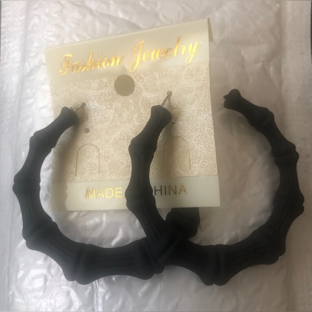 Fashion Jewelry Black Bamboo-Style Hoop Earrings